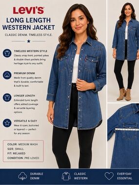 Levi's Long‎ Denim Jacket Pearl Snaps Western Rodeo Womans Sz Small